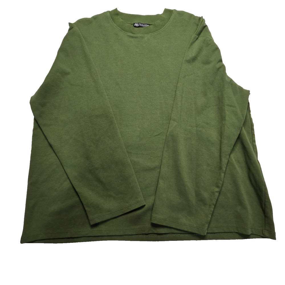 ZARA Women’s Large Olive Green Long Sleeve Crewneck Top Relaxed Fit Basic